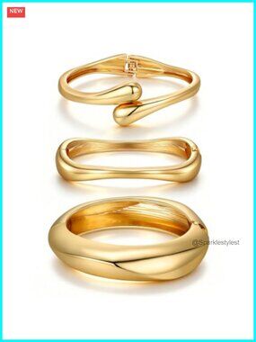 14K Gold Plated Chunky Bangle Bracelet Set of 3 Stackable Cuff Bracelets